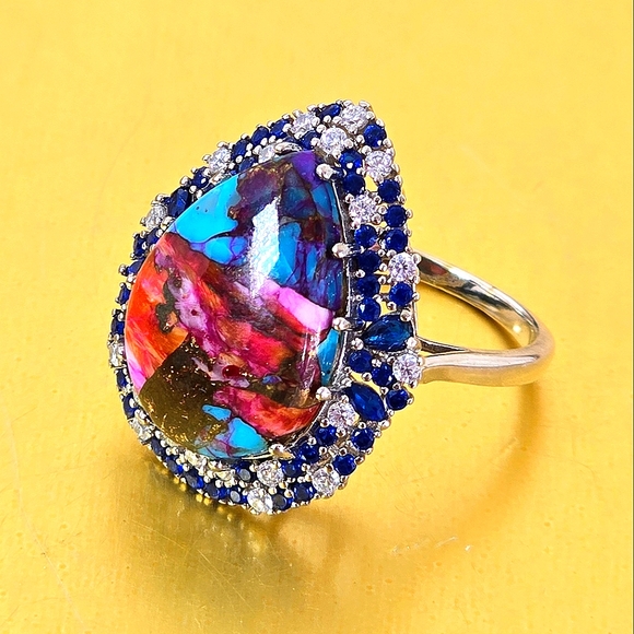 925 Sterling Silver Ring Sz 7.5 with Mohave Oyster Turquoise & Nano Crystals - Picture 2 of 12
